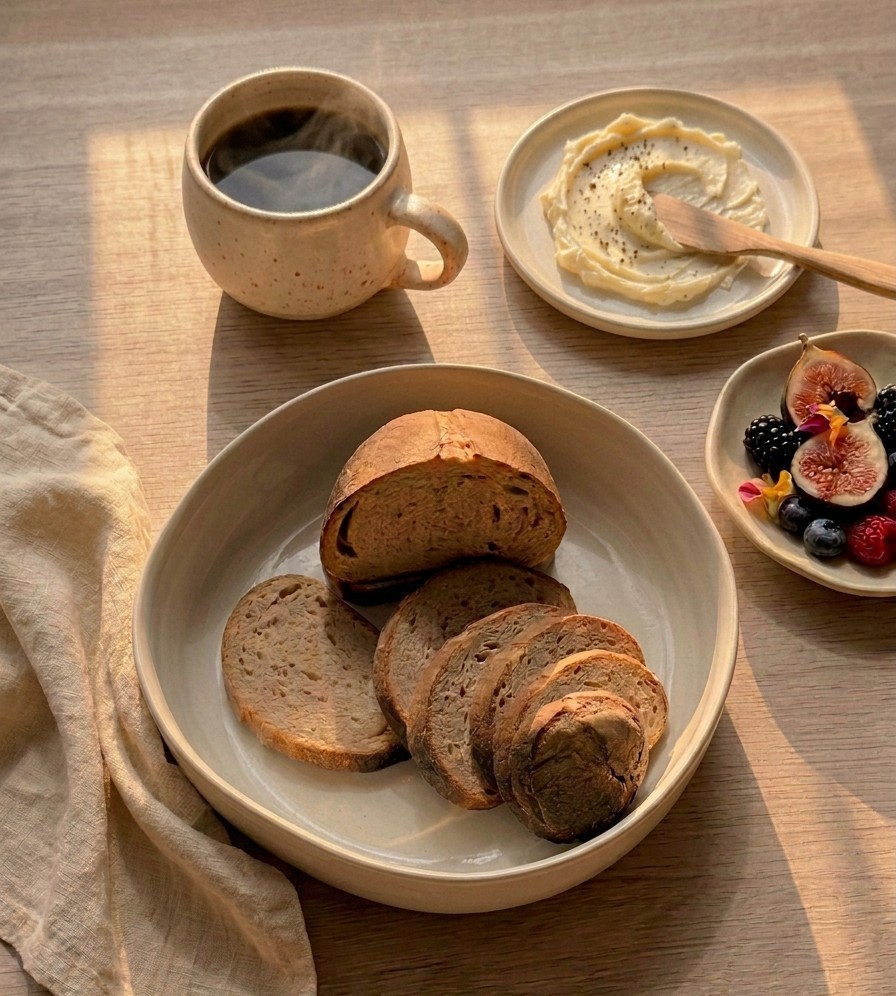 Sourdough breakfast table in morning light with coffee, whipped butter and figs